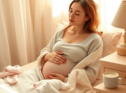A young mother sitting peacefully in a sunlit bedroom, gently resting with eyes closed, one hand on her belly and the other holding a soft blanket, surrounded by subtle signs of motherhood like a tiny onesie folded nearby and a steaming mug of tea on a nightstand, warm natural light filtering through sheer curtains, soft pastel tones, serene and intimate atmosphere, no text or words visible