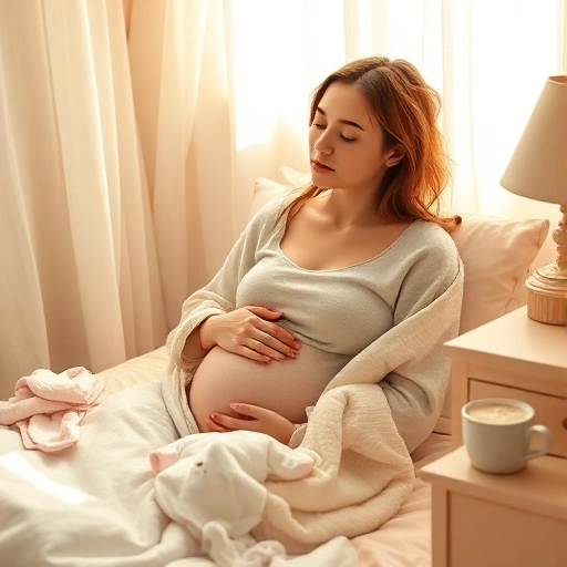 A young mother sitting peacefully in a sunlit bedroom, gently resting with eyes closed, one hand on her belly and the other holding a soft blanket, surrounded by subtle signs of motherhood like a tiny onesie folded nearby and a steaming mug of tea on a nightstand, warm natural light filtering through sheer curtains, soft pastel tones, serene and intimate atmosphere, no text or words visible