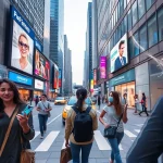A modern urban scene showing people using smartphones, smartwatches, and augmented reality glasses while walking through a city street with digital billboards displaying personalized ads, autonomous vehicles passing by, and a person checking health metrics on a wearable device; subtle futuristic elements like floating holographic interfaces and AI assistants visible in the background, all rendered in a clean, realistic, high-detail style