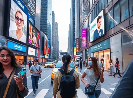 A modern urban scene showing people using smartphones, smartwatches, and augmented reality glasses while walking through a city street with digital billboards displaying personalized ads, autonomous vehicles passing by, and a person checking health metrics on a wearable device; subtle futuristic elements like floating holographic interfaces and AI assistants visible in the background, all rendered in a clean, realistic, high-detail style
