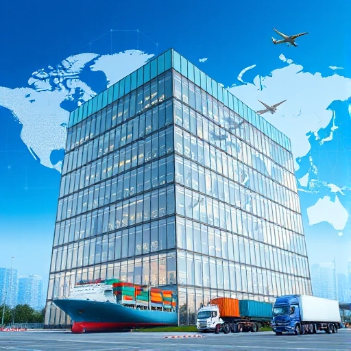 A professional international transportation and logistics company headquarters building with modern glass architecture, global map background showing shipping routes, cargo ships, airplanes, and trucks in motion, symbolizing worldwide connectivity and supply chain efficiency, clean corporate aesthetic, daytime lighting, no people visible